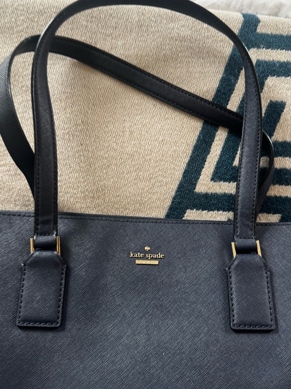 kate spade Navy Saffiano Leather Double-Handle Tote with Gold Logo